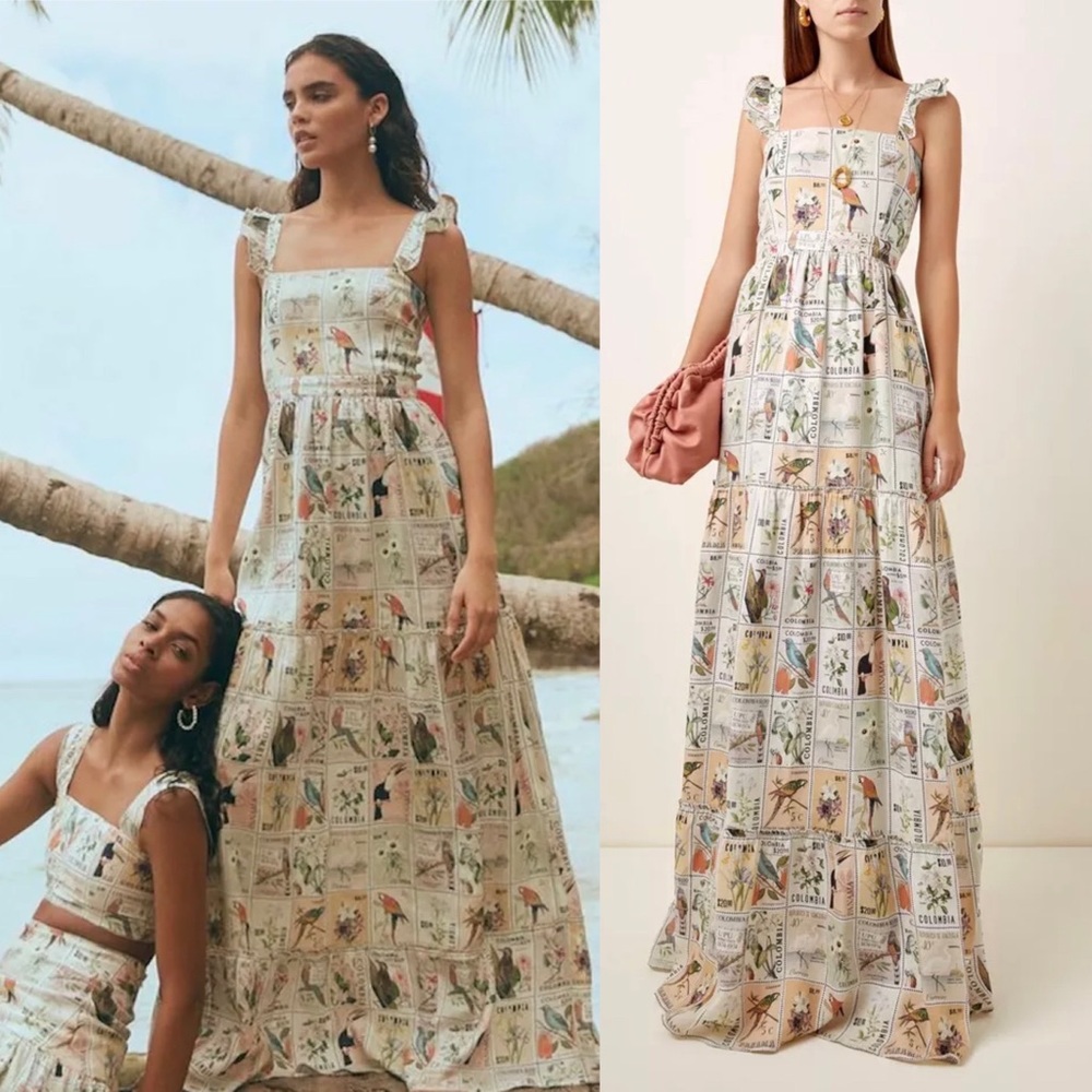 Agua by Agua Bendita Herbarium Estampillas Bird Flower Patch Linen Dress - Picture 1 of 11